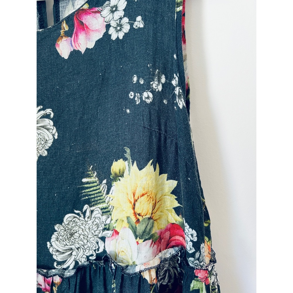 Linen Babydoll Dress Navy Floral Tiered Sleeveless Lagenlook Tunic Sundress - Picture 8 of 10